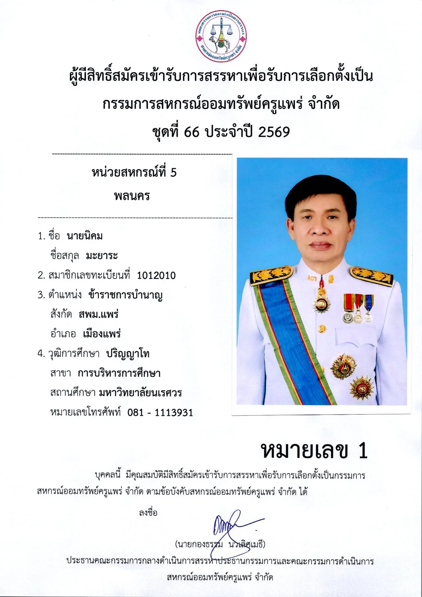 หน่วยสหกรณ์ที่ 5 พลนคร
หมายเลข 1 นายนิคม มะยาระ