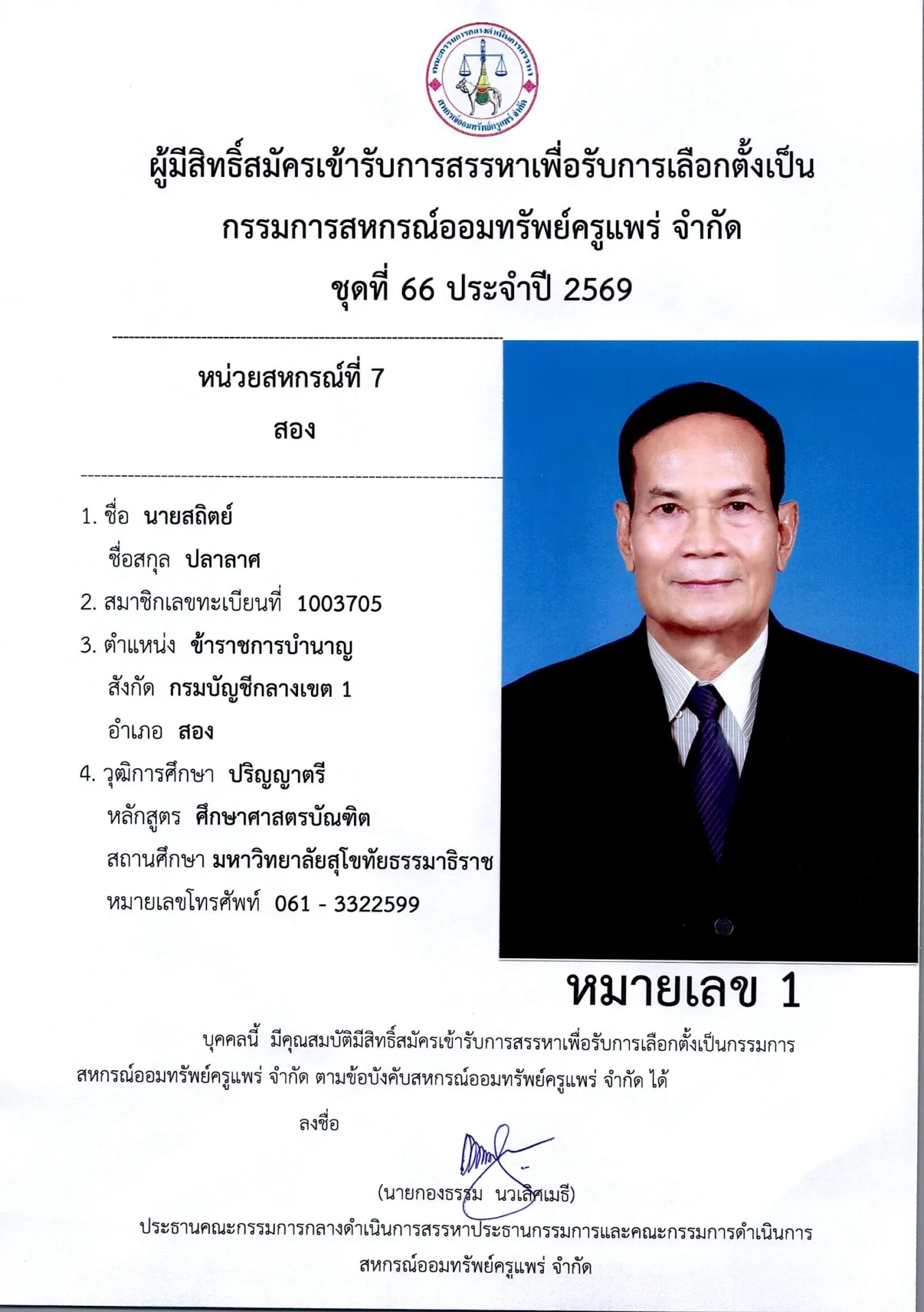 หน่วยสหกรณ์ที่ 7 สอง
หมายเลข 1 นายสถิตย์ ปลาลาศ